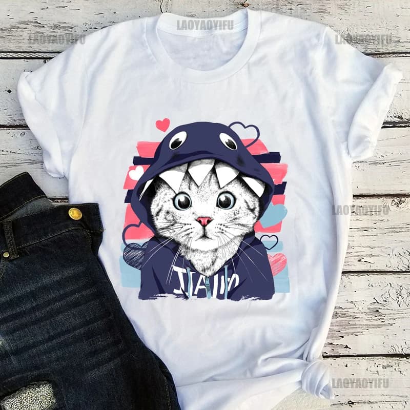 Funny Cats Printing Shirt Harajuku Casual Street Fashion Short Sleeve Clothing Streetwear Men's T-Shirt Hip Hop Cotton Women