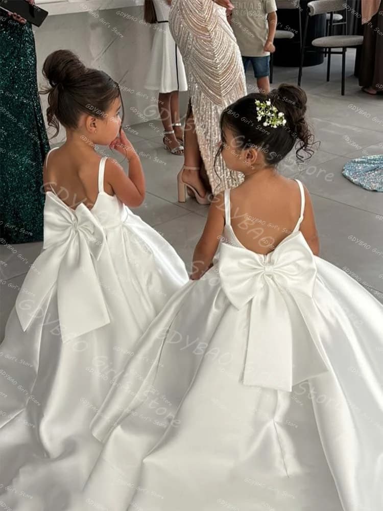 Ivory Flower Girl Dress With Bow Strap Mini Bridal Wedding Dress Kids Ball Gown 1st Communion Frock Customized Vestidos de Noiva