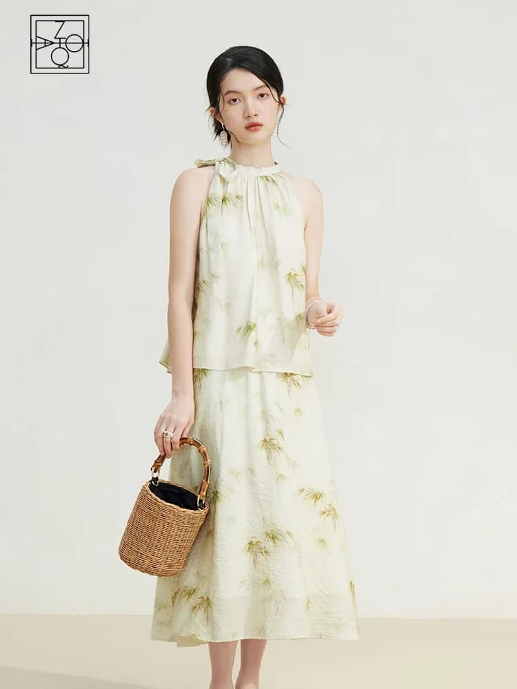 ZIQIAO New Chinese Style Printed Shirt Skirt Suit for Female Summer Chic A-line Elastic Skirt + Ribbon Sleeveless Top Women Sets