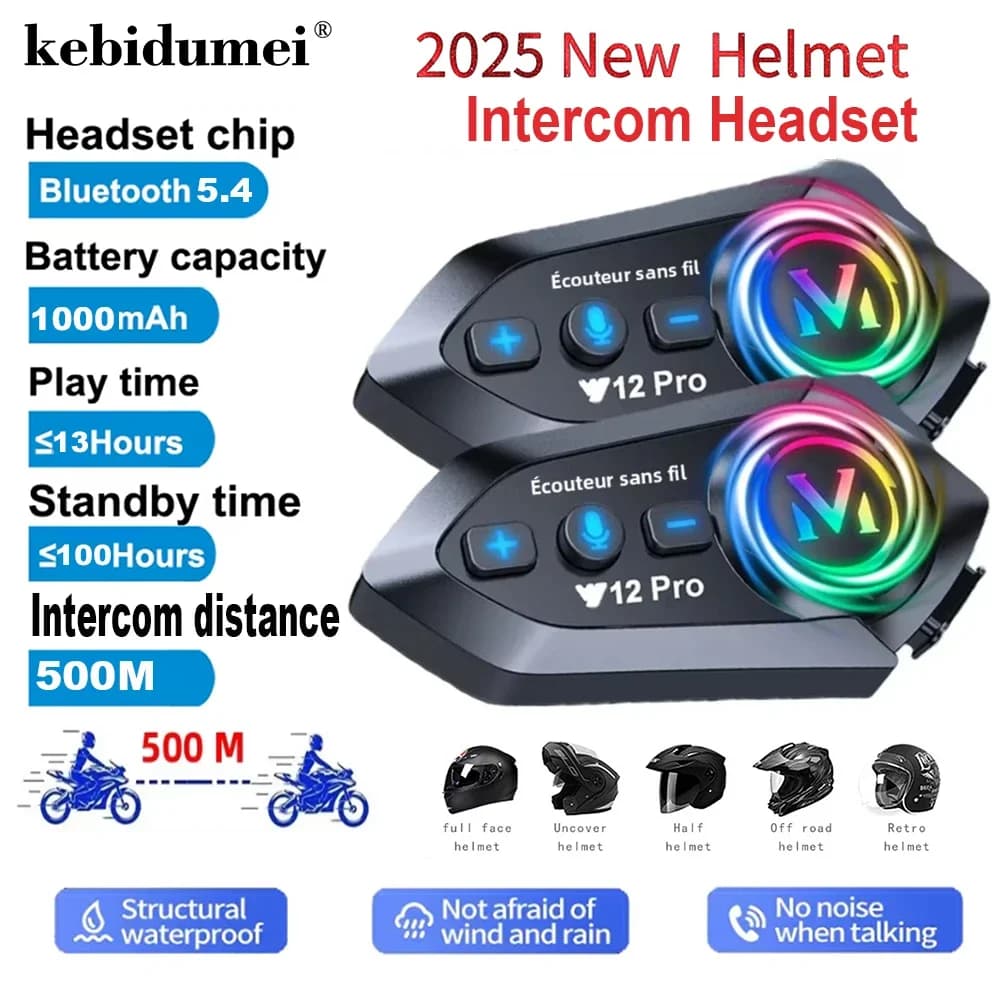 Y12 Pro Dual Mic Motorcycle Helmet Intercom Headset Wireless Hands-free Call Waterproof Music Player Speaker FM Radio Earphone