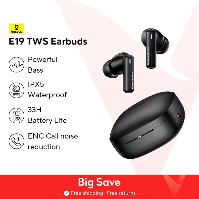 Baseus Bowie E19 Wireless Earphones Bluetooth 5.3 Big Bass 12mm Drivers IPX5 Waterproof Earbuds 33Hrs Battery Life Headphones