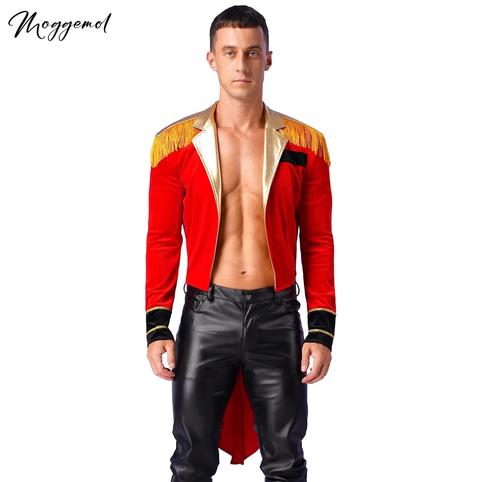 Mens Circus Ringmaster Showman Costume Lion Tamer Tailcoat Metallic Shiny Lapel Collar Long Sleeve Swallow-tailed Coat Jacket