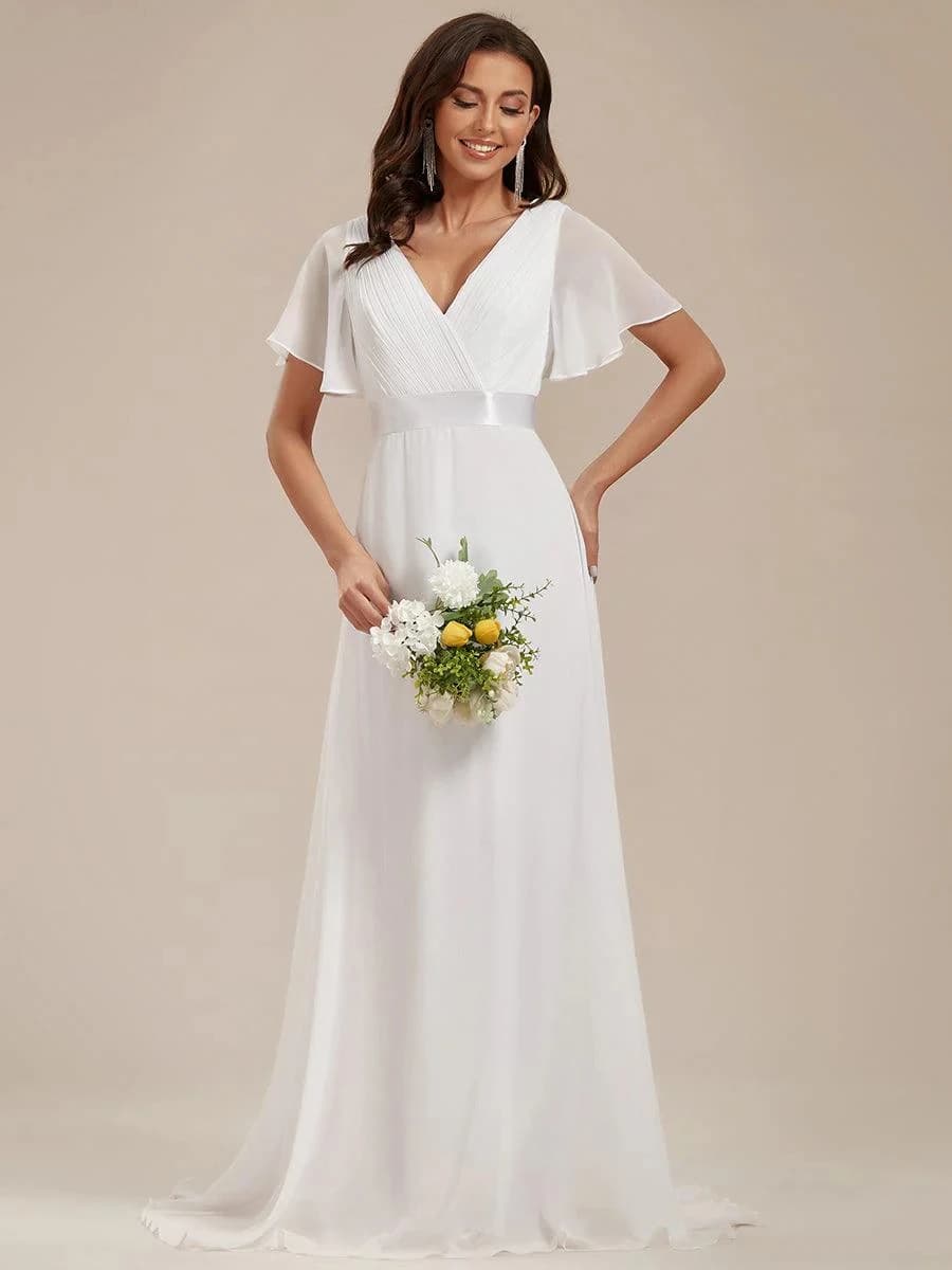 Women Simple Evening Dress Tulle Ruffles Short Sleeve V-Neck Backless Empire Sashes Prom Dress A-Line Maxi Wedding Bridal Gowns