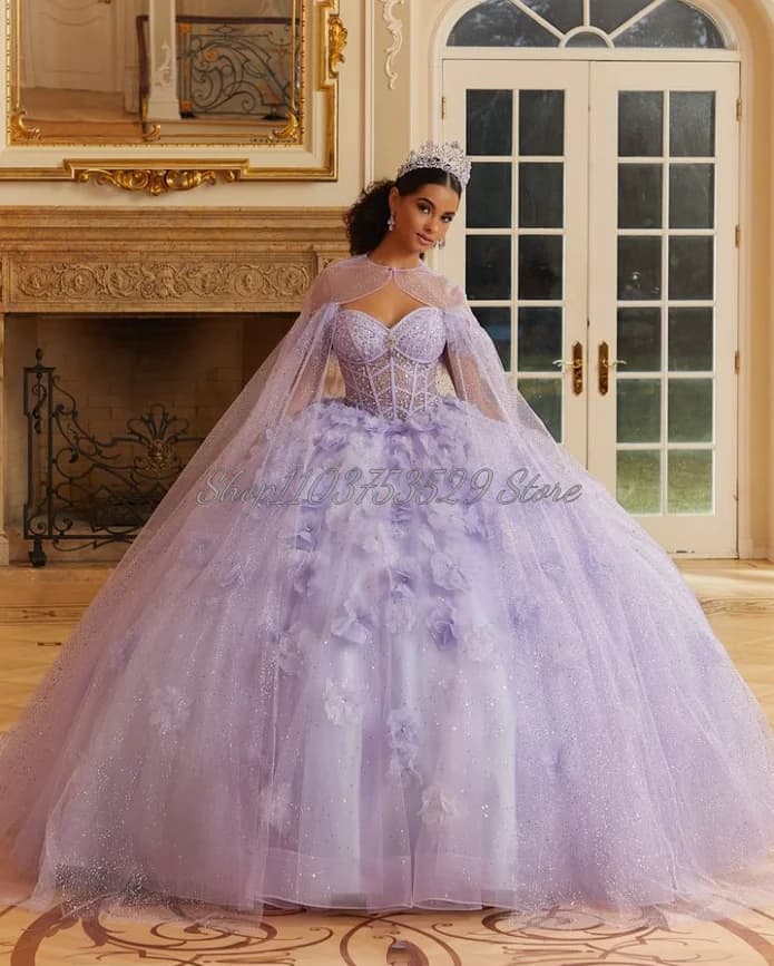 Elegant Lavender Purple Princess Prom Dresses New Sheath Stereoscopic Floral Beaded Sequins Removable Shawl 15 Quinceanera Dress