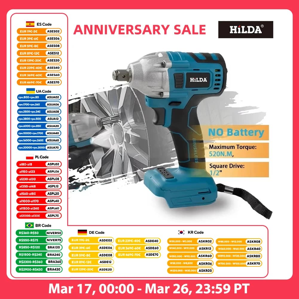 HILDA 18V Blue Brushless Electric Impact Wrench Rechargeable 1/2 Socket Wrench Cordless Without Battery