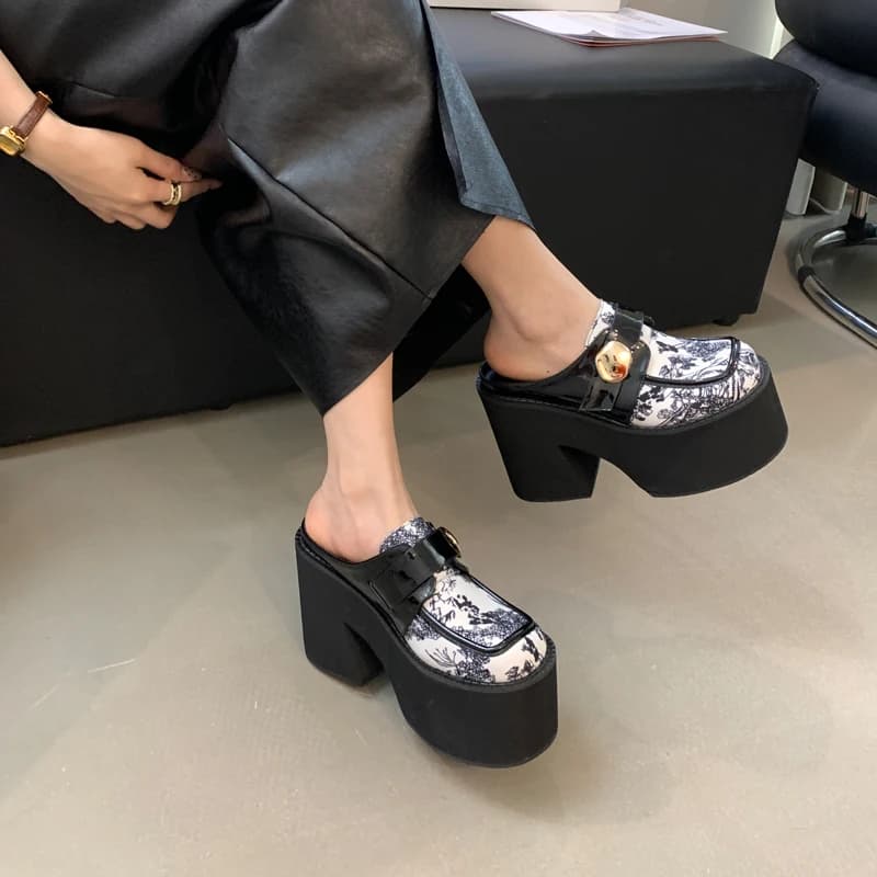 11cm Chunky Heeled Slippers Women Platform Round Toe Sandals Chinese Print Shadowfall Lolita Black Block Heels Summer Shoes