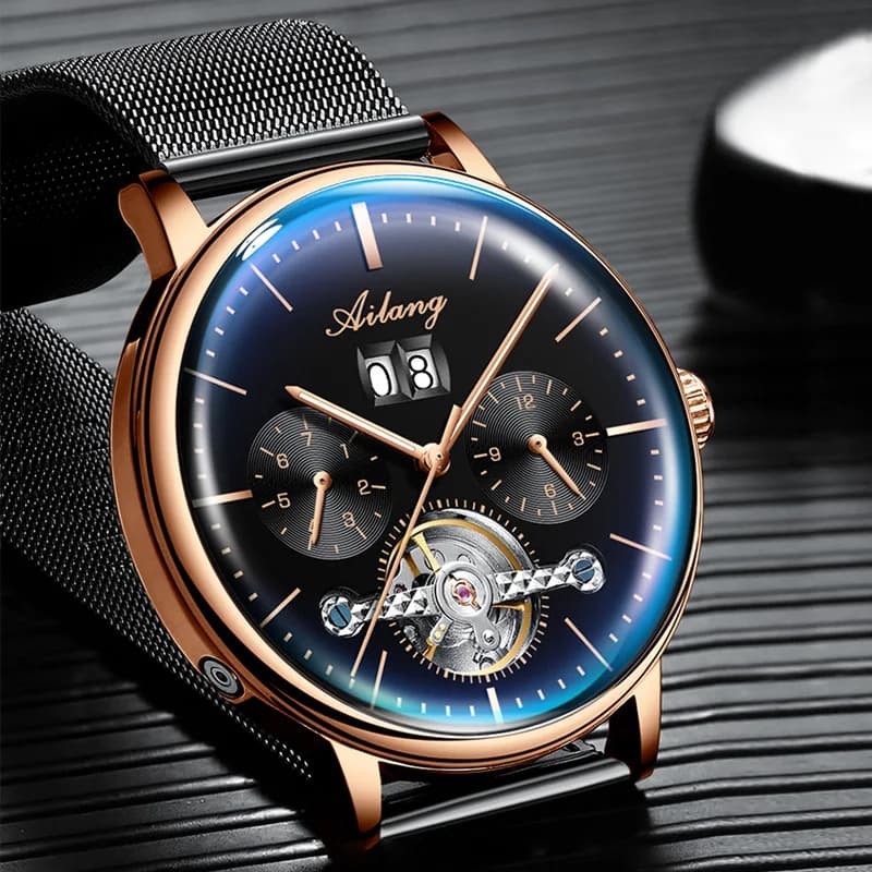 AILANG New Luxury Tourbillon Mechanical Watch Men Stainless Steel Mesh Strap Waterproof Fashion Automatic Wristwatches for Men