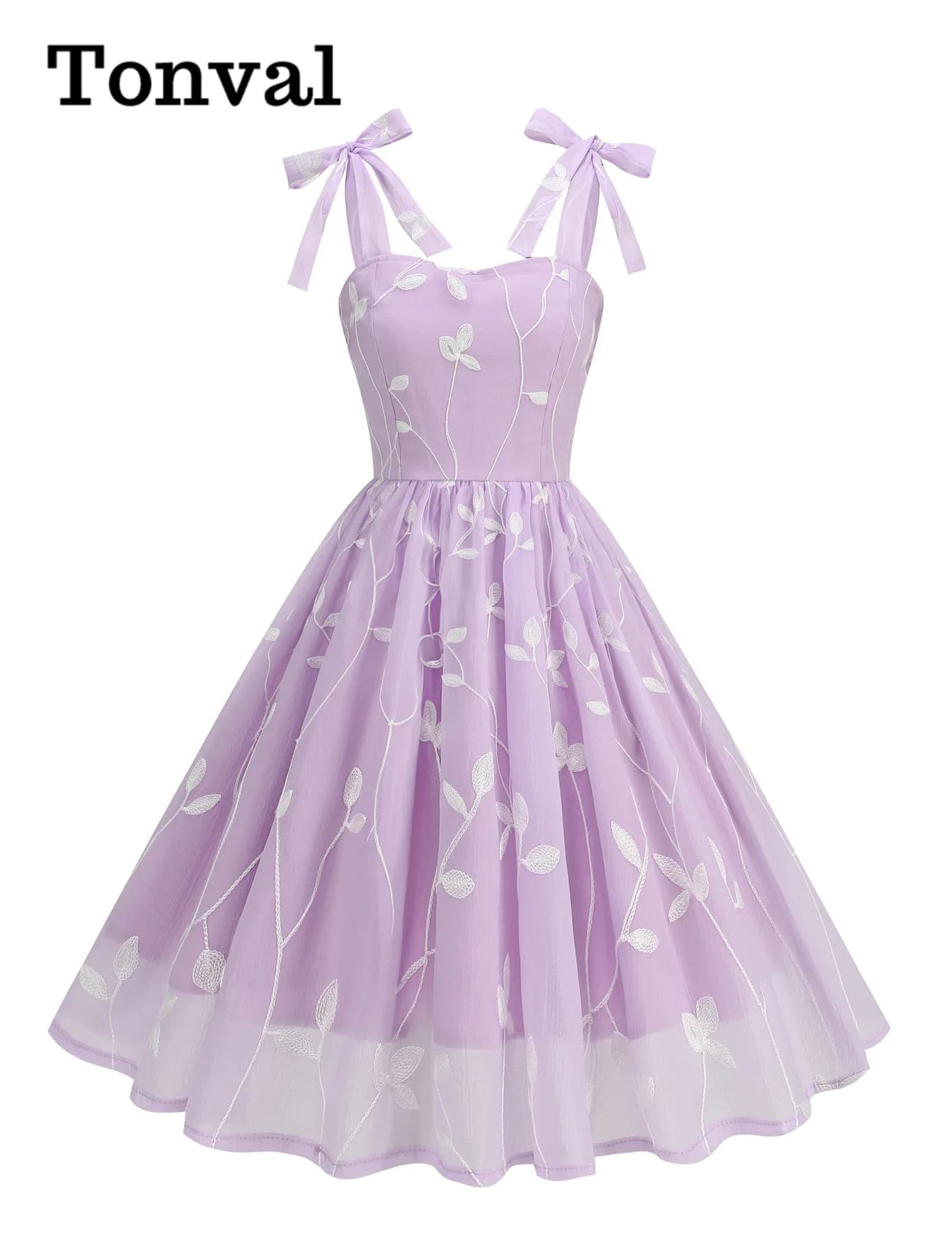 Tonval Vintage Leaf Embroidered Luxury Dress Women 2024 Knot Straps Fit and Flare Pleated Prom Birthday Party Dresses