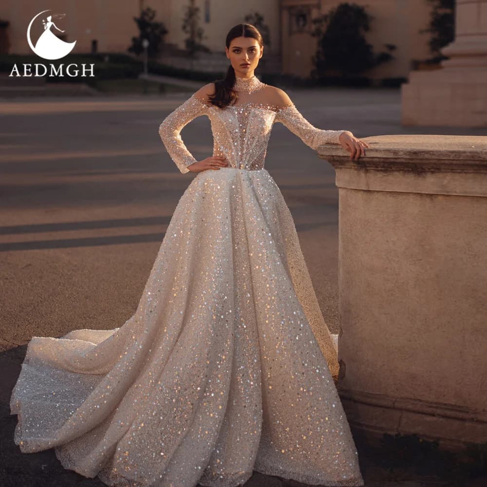 Aedmgh Ball Gown Exquisite Wedding Dresses High Neck Long Sleeve Robe De Mariee Lace Sequined Glitter Custom Made Bridal Gown