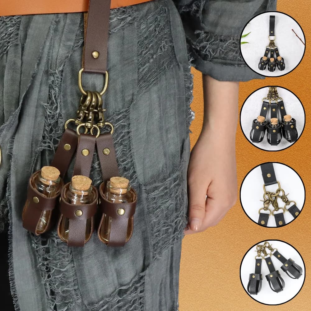 Medieval Alchemy PU Leather Holder Belt - Artificial Potion Bottle Accessory for Renaissance Faires And Cosplay Belt Accessory