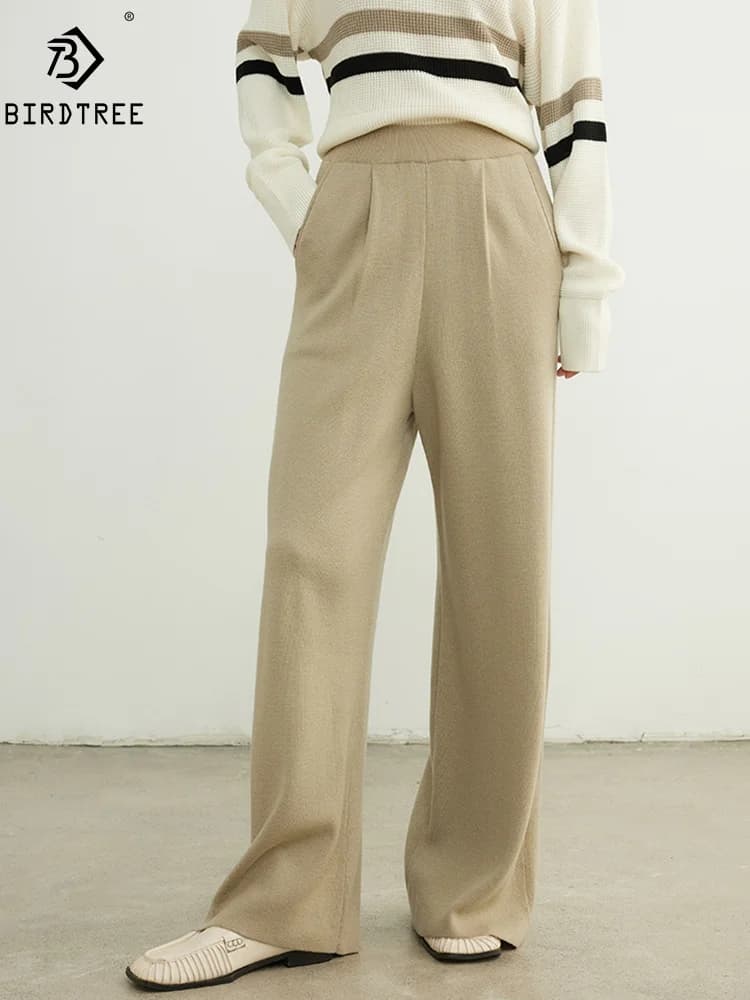 BirdTree, 5.1%Basolan Wool Elegant Wide Leg Pants, Women High Waist, Fashion Warm OL Knitted Pants, 2024 Autumn Winter B48213QM