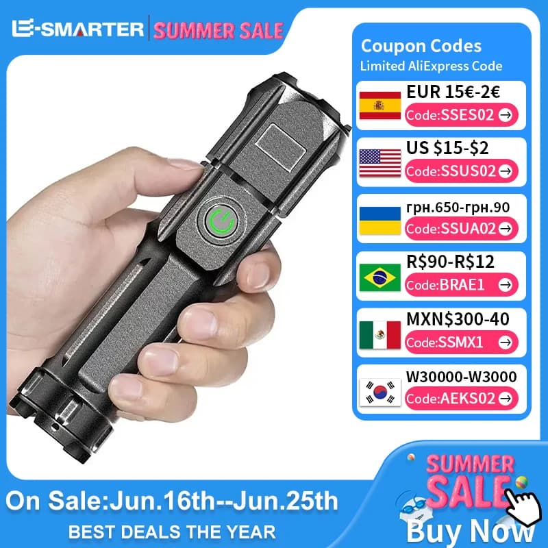 Telescopic Zoom Tactical Flashlights Rechargeable LED Torch 4 Lighting Modes Long-Range Waterproof Camping Fishing Flashlight