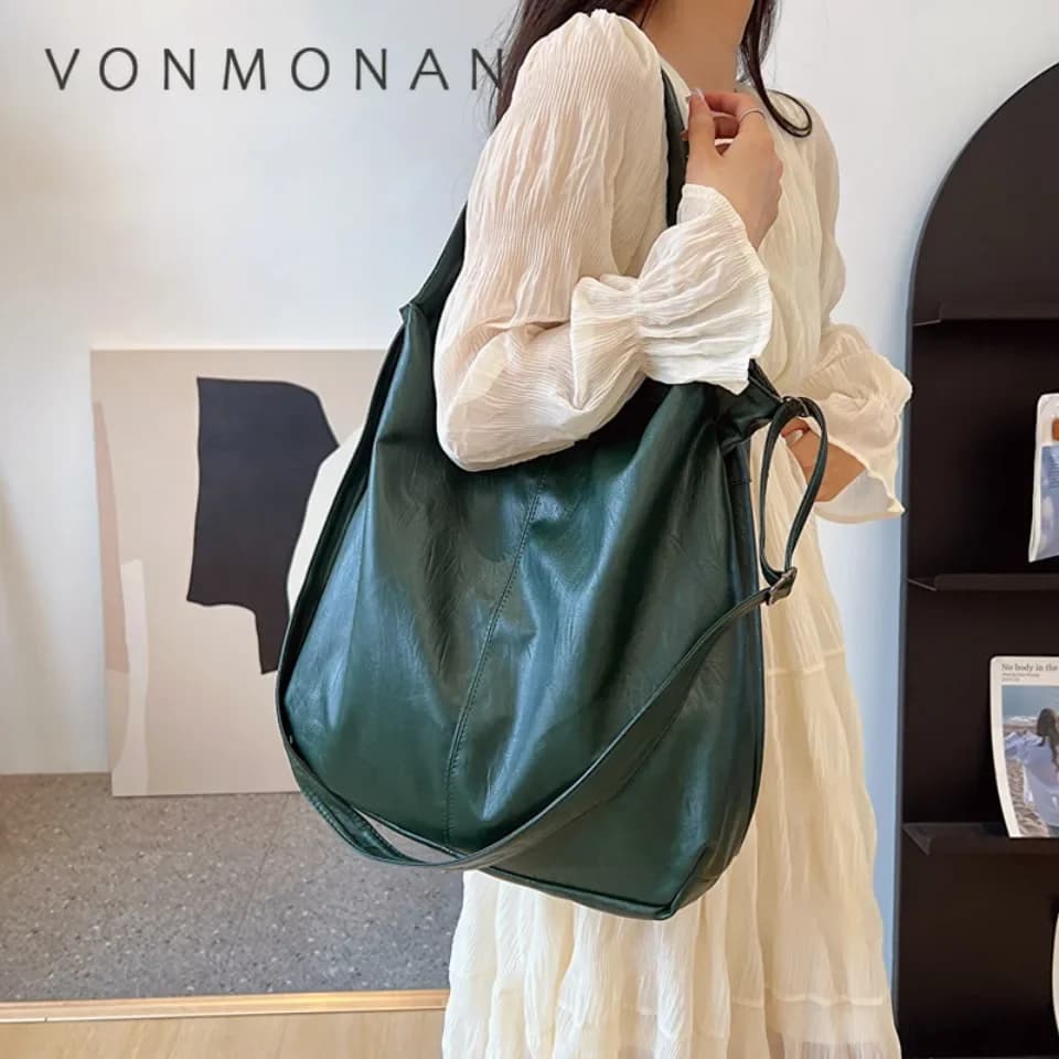 VONMONAN Fashion Big PU Leather Tote Bag for Women Trendy Female Simple Large High Capacity Retro Shoulder Side Bag Handbags