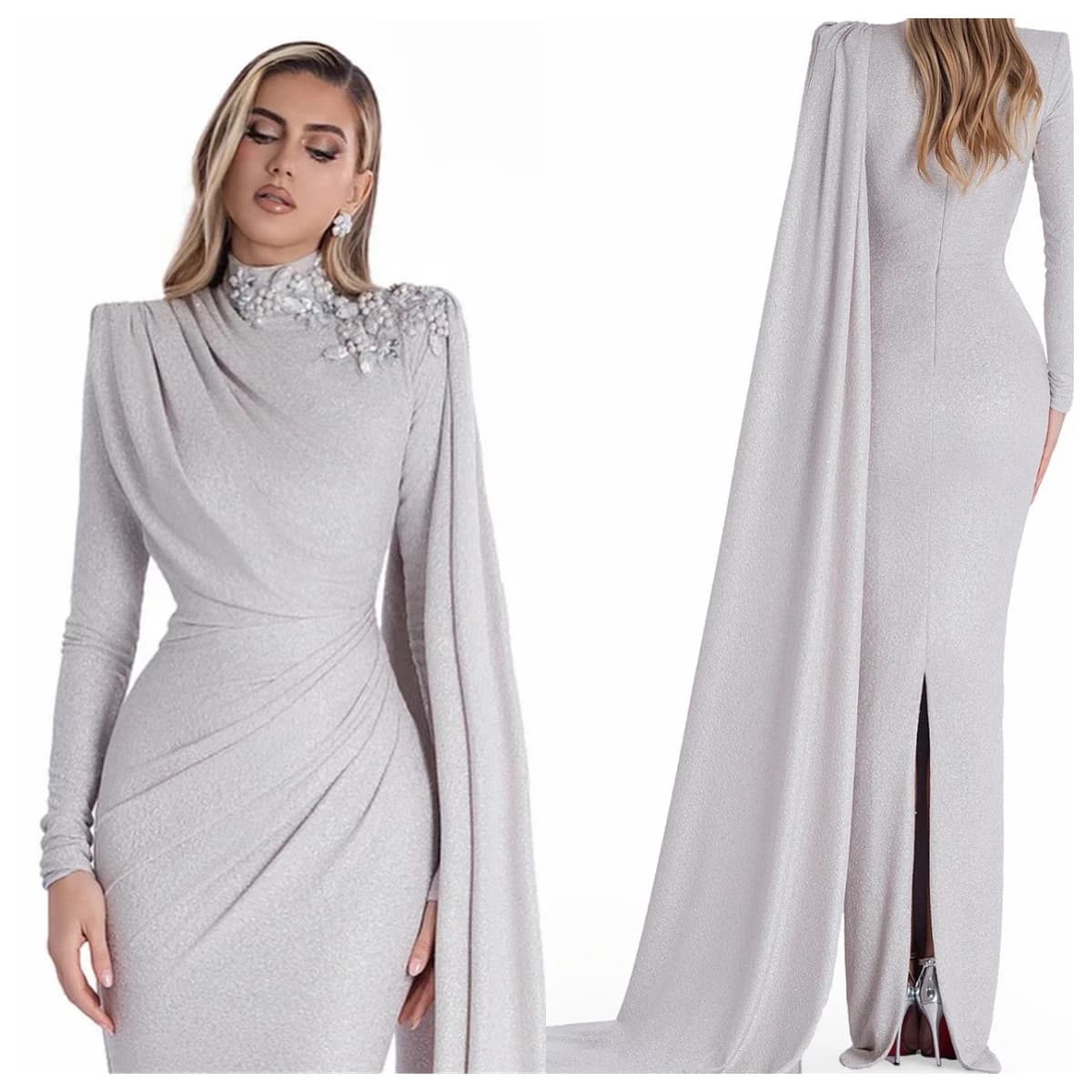 Customized Delicate Silvery Jersey Evening Dress Mermaid High Collar Long Sleeves Celebrity Gowns Crystal Special Occa