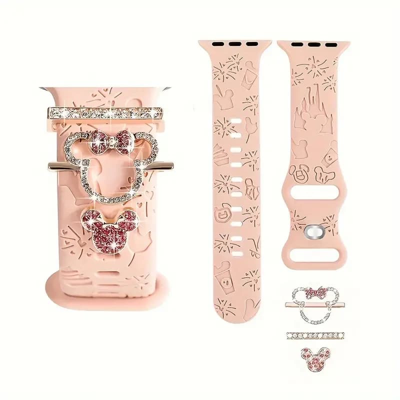 3pc Cartoon Rhinestone Watchband Loops | Adorable Metal Charms for iWatch Series | Zinc Alloy, Deployant Clasp, Set of 3
