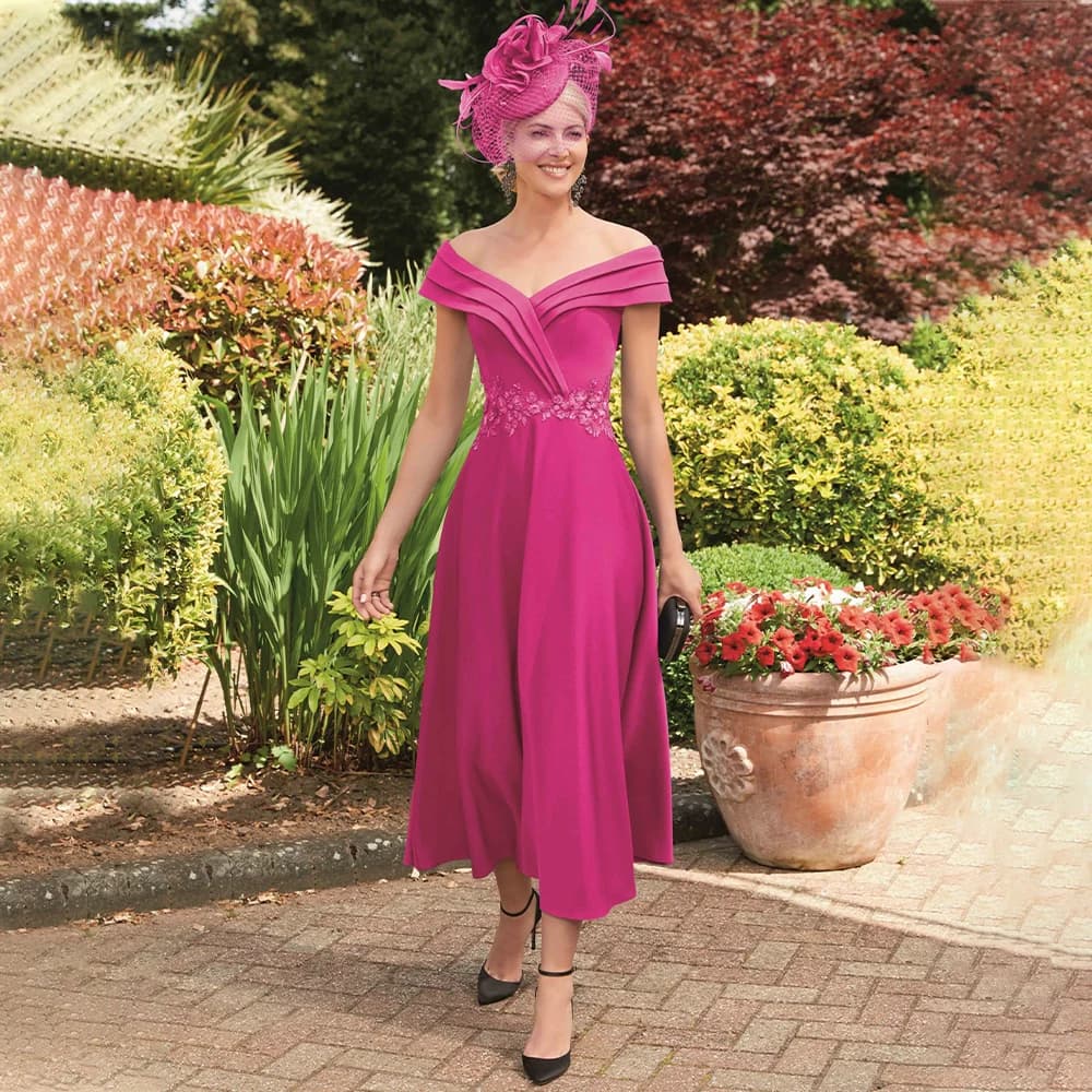 Mother of Bride Dresses for Weddings Off Shoulder Short Party Dress Women A Line Rose Red Tea Length Wedding Guest Gowns