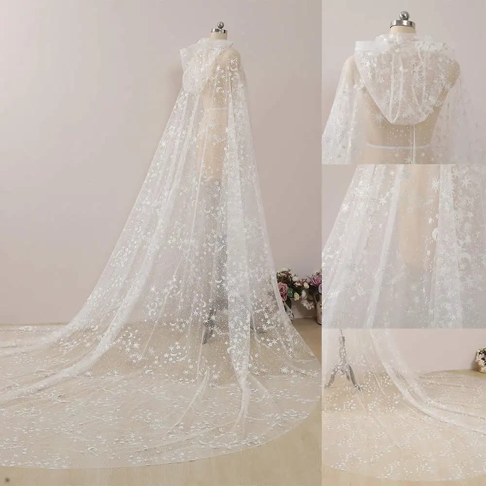 Sparkly Hooded Wedding Wrap Jacket Customized Star and Moon Lace Women Bridal Cloak Long Veil Bride Wedding Accessories Church