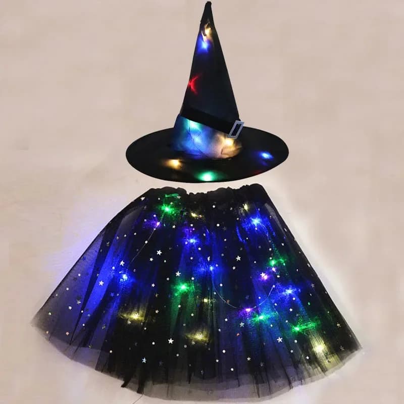 Women Kids Girl Luminous LED Glow Light Up Elf Witch Hat Star Skirt Spider Web Tutu Wizard Costume Party Gift Halloween Festival