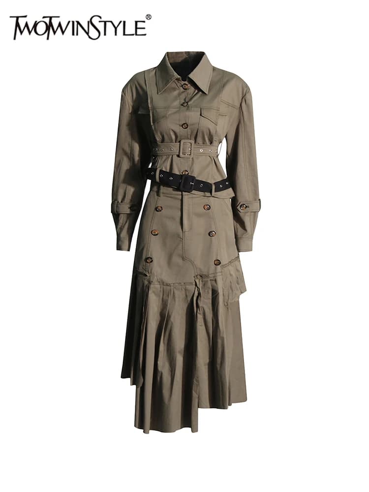 TWOTWINSTYLE Solid Spliced Button Two Piece Set For Women Lapel Long Sleeve Coat High Waist Patchwork Folds Skirt Sets Female
