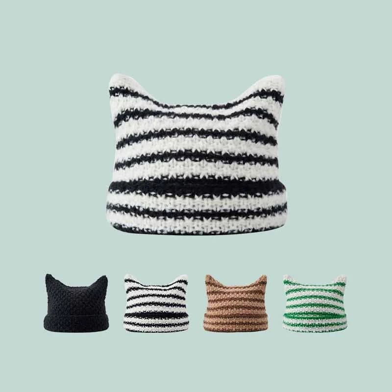 Unisex Cat Ear Stripe Knit Hat Japanese Style Winter Warm Couple Beanie Minimalist Cold Weather Outdoor Fashion Warm Cap
