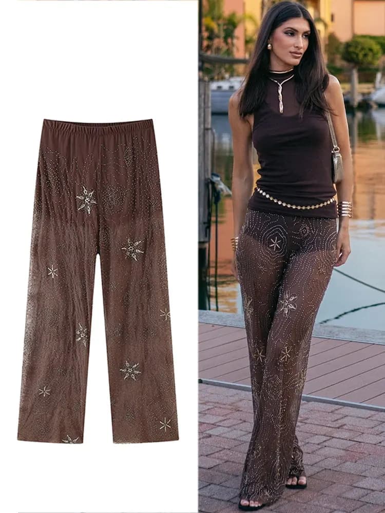 HH Women Fashion Translucent Sequin Pants Vintage Brown Elastic Waist Straight Trousers Spring Summer Holiday Party Pant