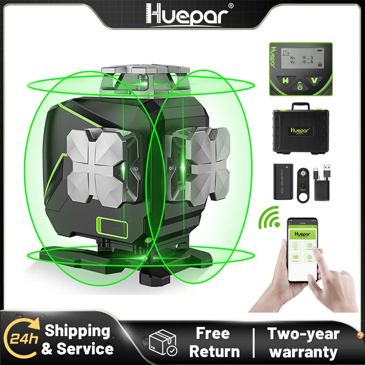 Huepar S04CG-A 16 lines 4D Cross Line Laser Level Bluetooth & Remote Control Functions Green Beam Lines With Hard Case No Bracke