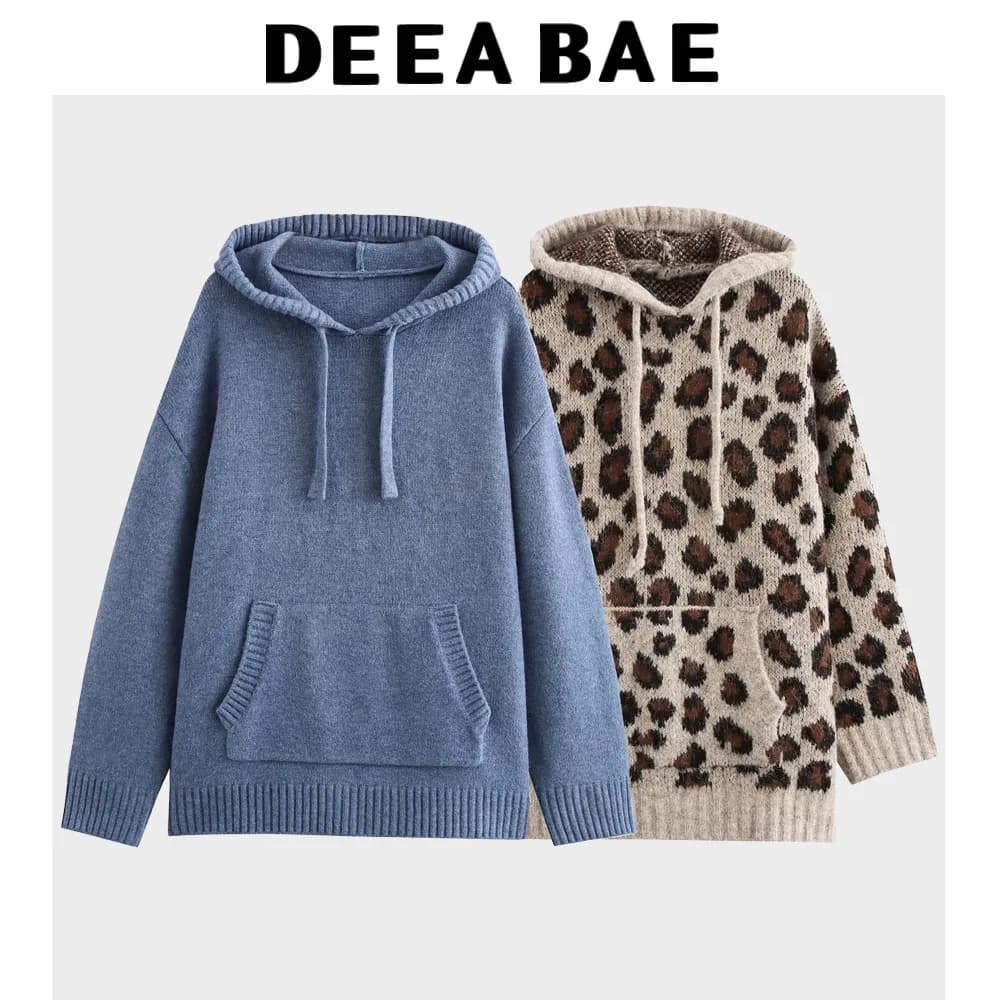 DEEABAE Korean Style Women's Clothing New Loose Lace Up Hooded Long Sleeved Kangaroo Pocket Ribbed Layer Knitwear Hoodie