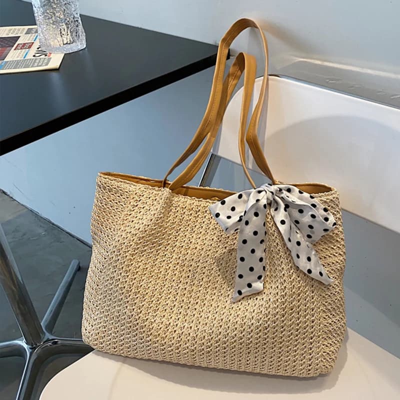 Summer Scarf Bowknot Straw Bag For Women Travel Beach Bags Large Capacity Shopping Tote Casual Rattan Handmade Shoulder Bag sac