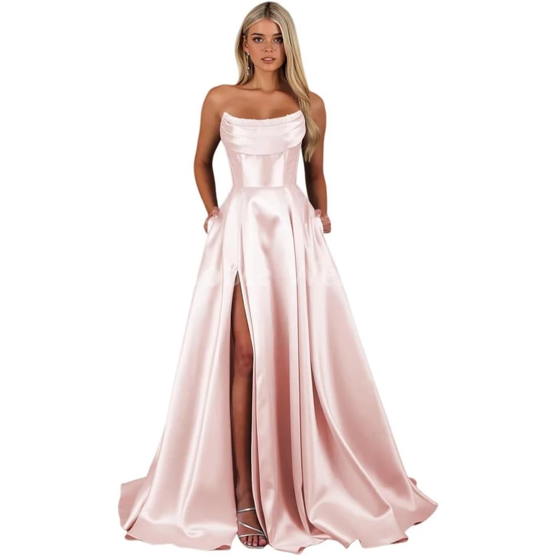 Women's Satin Prom Dresses with Slit A-Line Pockets O-Neck Evening Dresses Pleated Corset Formal Gowns Customize