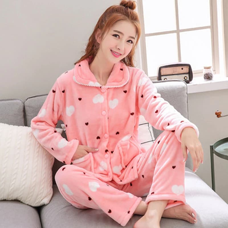 Thickened Warm Sleepwear for Women in Winter Coral Fleece Nightwear Ladies Cute Long Sleeved Cardigan Flannel Pyjamas Homewear