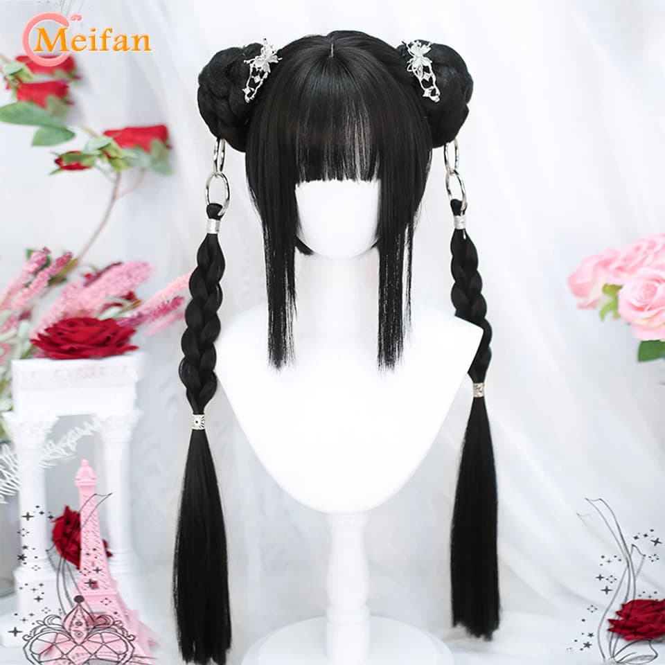 MEIFAN Synthetic Black Wig with Long Ponytail Short Straight Wig Lolita Cosplay Party Harajuku Blonde Wig With Bangs for Women