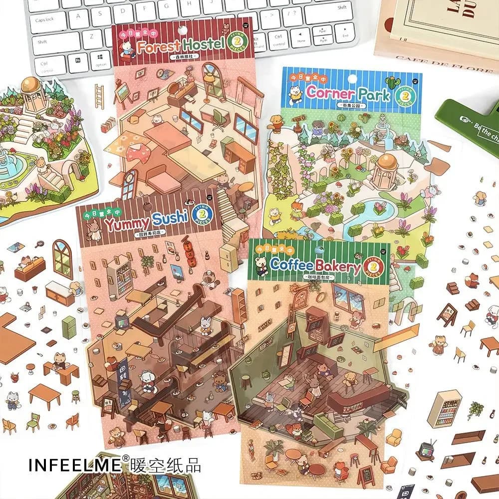 Mr Paper, Cartoon Scenery Park Sushi Restaurant Scenery Sticker Set DIY 3D Pocket Scenery Stickers Kids Gift