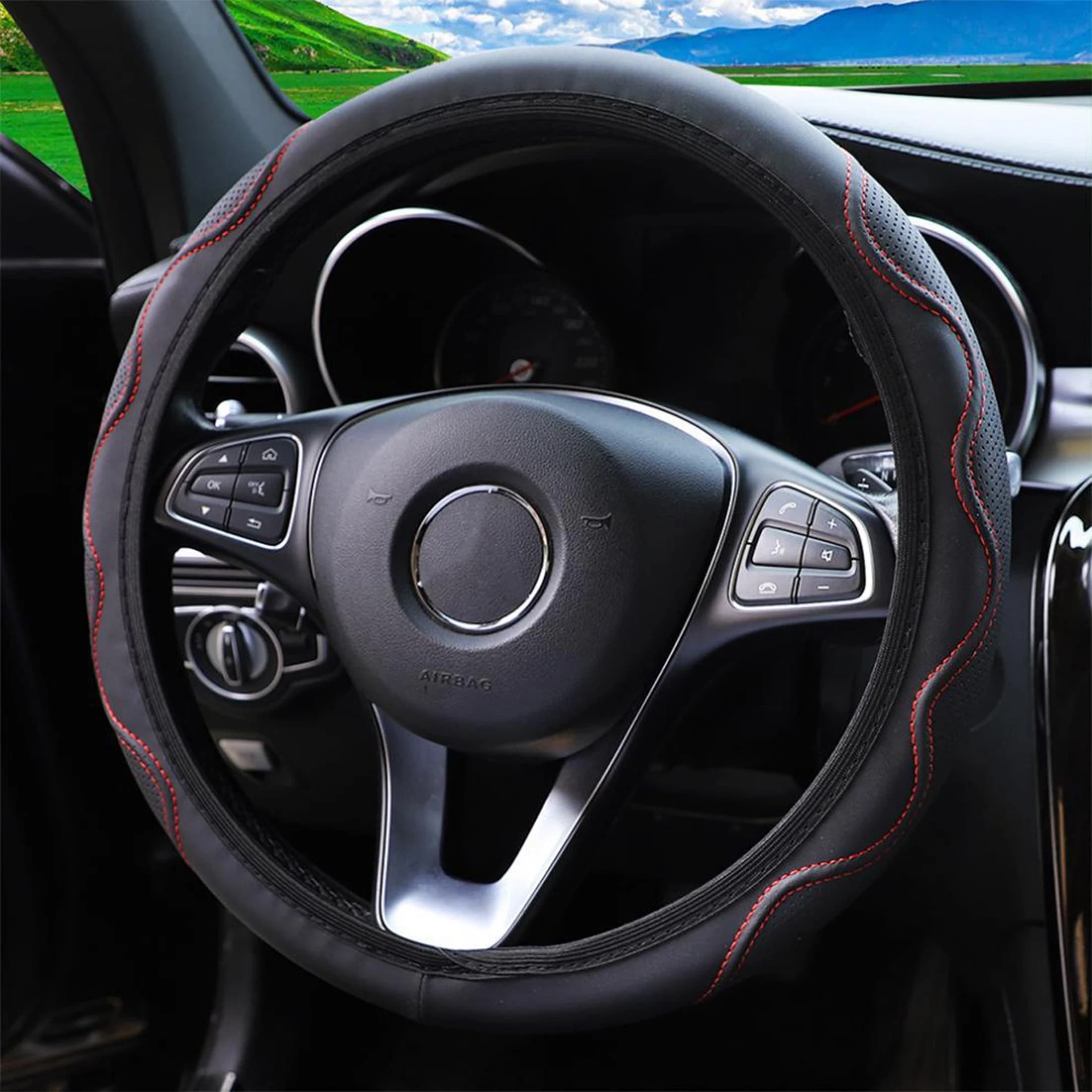 1PC Car Steering Wheel Cover without Inner Ring Embossed Ripple, All Season Universal Circular D-type Universal