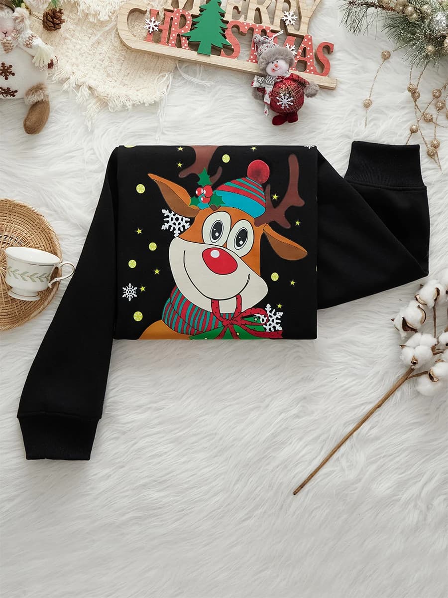 2025 Women Coquette Christmas Sweatshirt Long Sleeve Crew Neck Cartoon Deer Print Hoodie Pullover Casual Holiday Fall Tops
