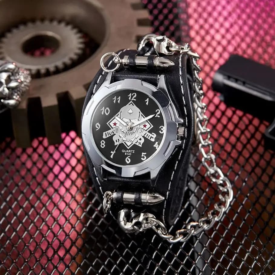 Anime Skull Round Pointer Quartz Watch - Grunge Punk Gothic Emo Halloween Cosplay Analog PU Leather Bracelet