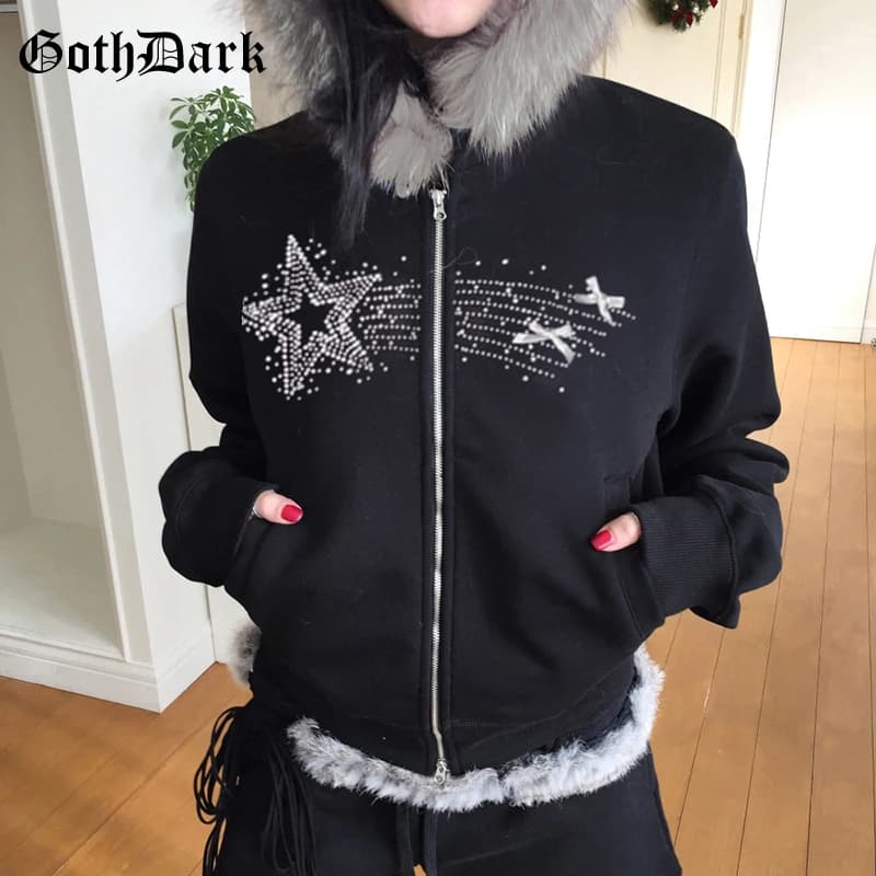 Goth Dark Faux Collar Vintage Print Hoodies Women Autumn Winter Zip Pocket Hooded Jackets Casual Coats Cyber Y2K Slim Cardigan