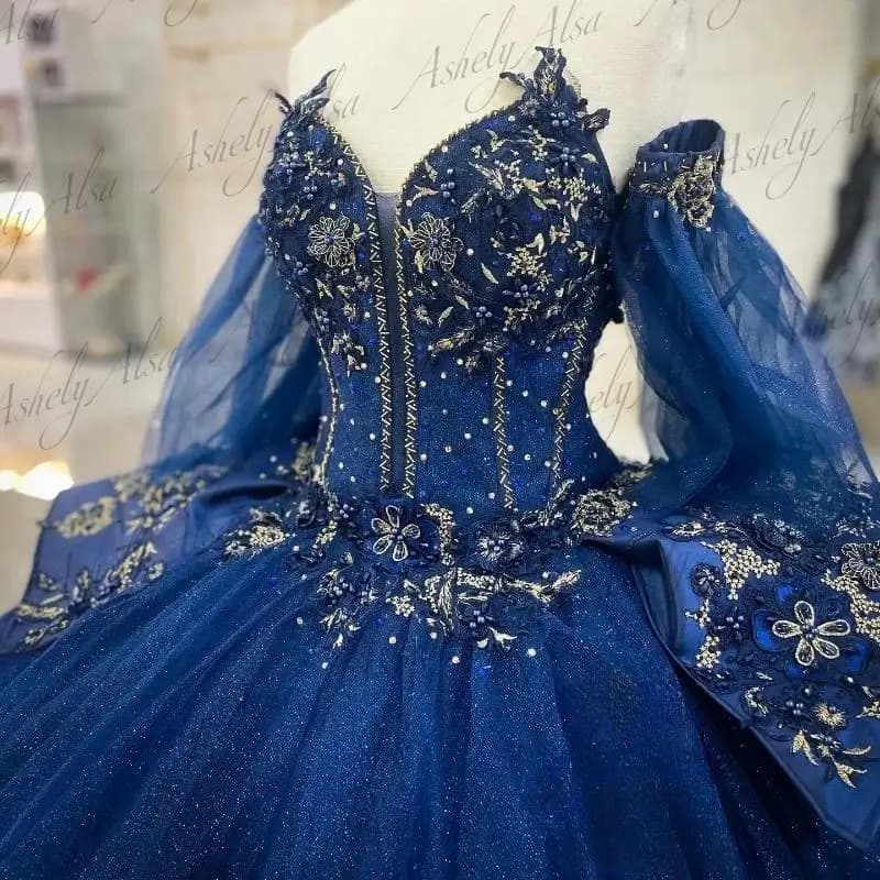 AAQ102 Customized Navy Blue Women Birthday Party Dress With Detachable Sleeve Flower Applique Vestido De 15 Anos Quinceanera 16