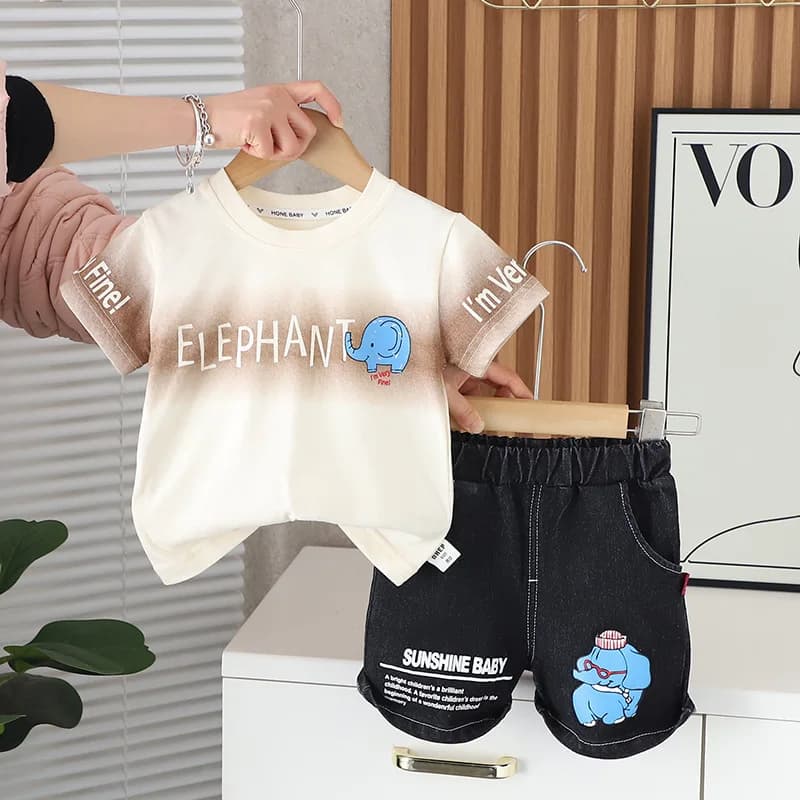 Toddler Summer Boys Outfit Set 2024 Korean Baby Boy Clothes 1 To 2 Years Elephant Print Short Sleeve T-shirts + Shorts Kids Suit