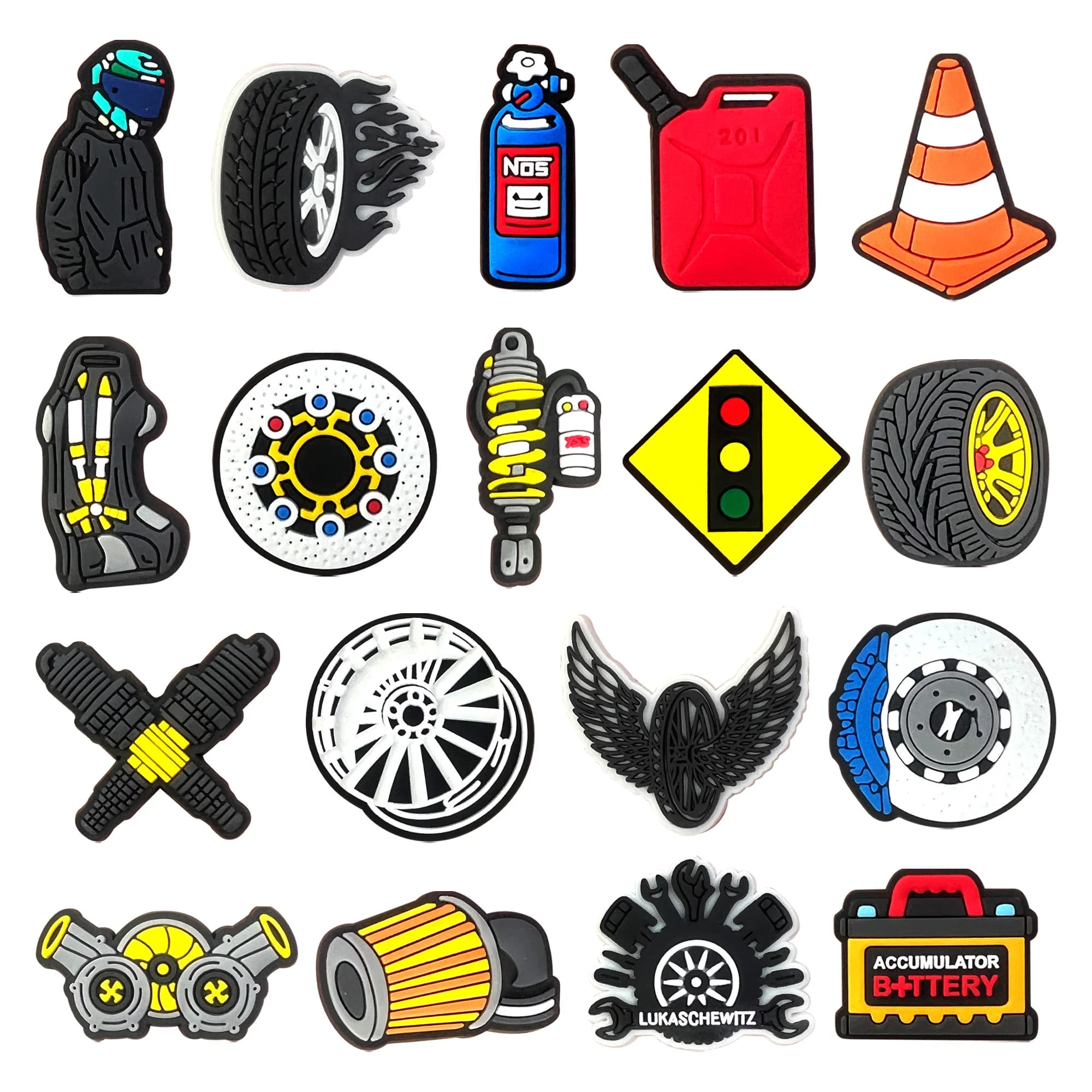 1-18Pcs Various Car Tyres Seat Oil PVC Shoes Buckle Charms Man Clog Decorations Fit Backpack Party Present