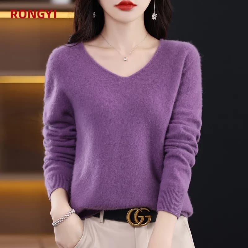 RONGYI Women's Sweater 100% Merino Wool Knitwears Autumn Winter Cashmere Knitted V-Neck Pullover Solid Jumper Clothing Tops