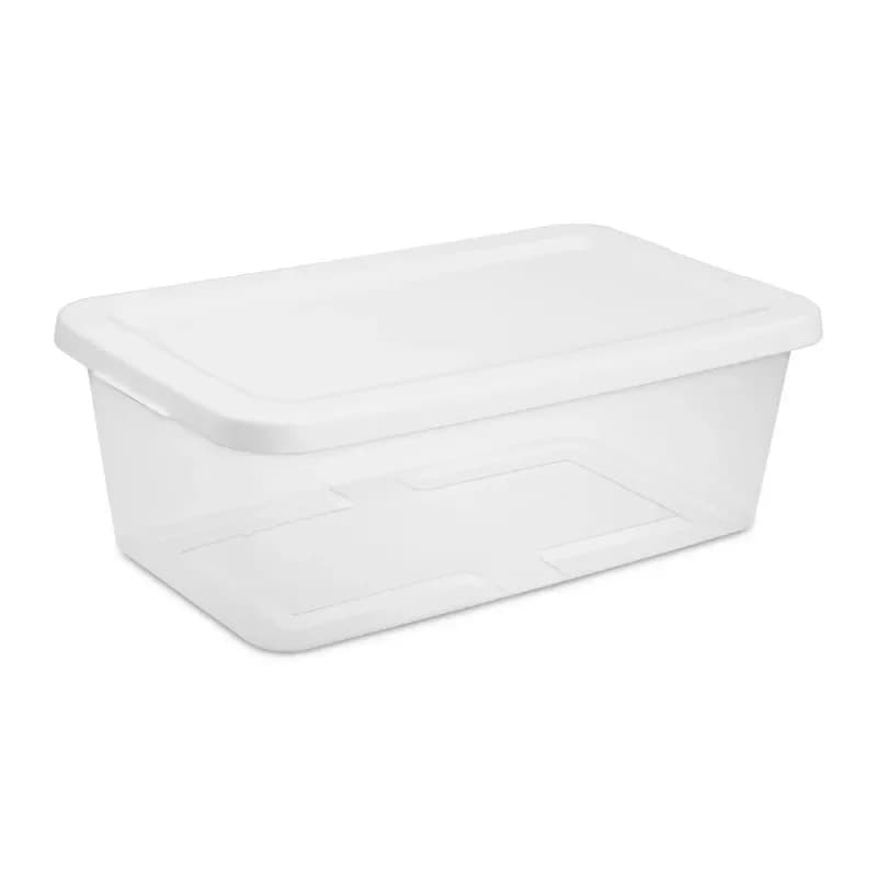 Small Storage Bin, 6 Quart Clear Plastic Storage Container with Snap-On Lid, White