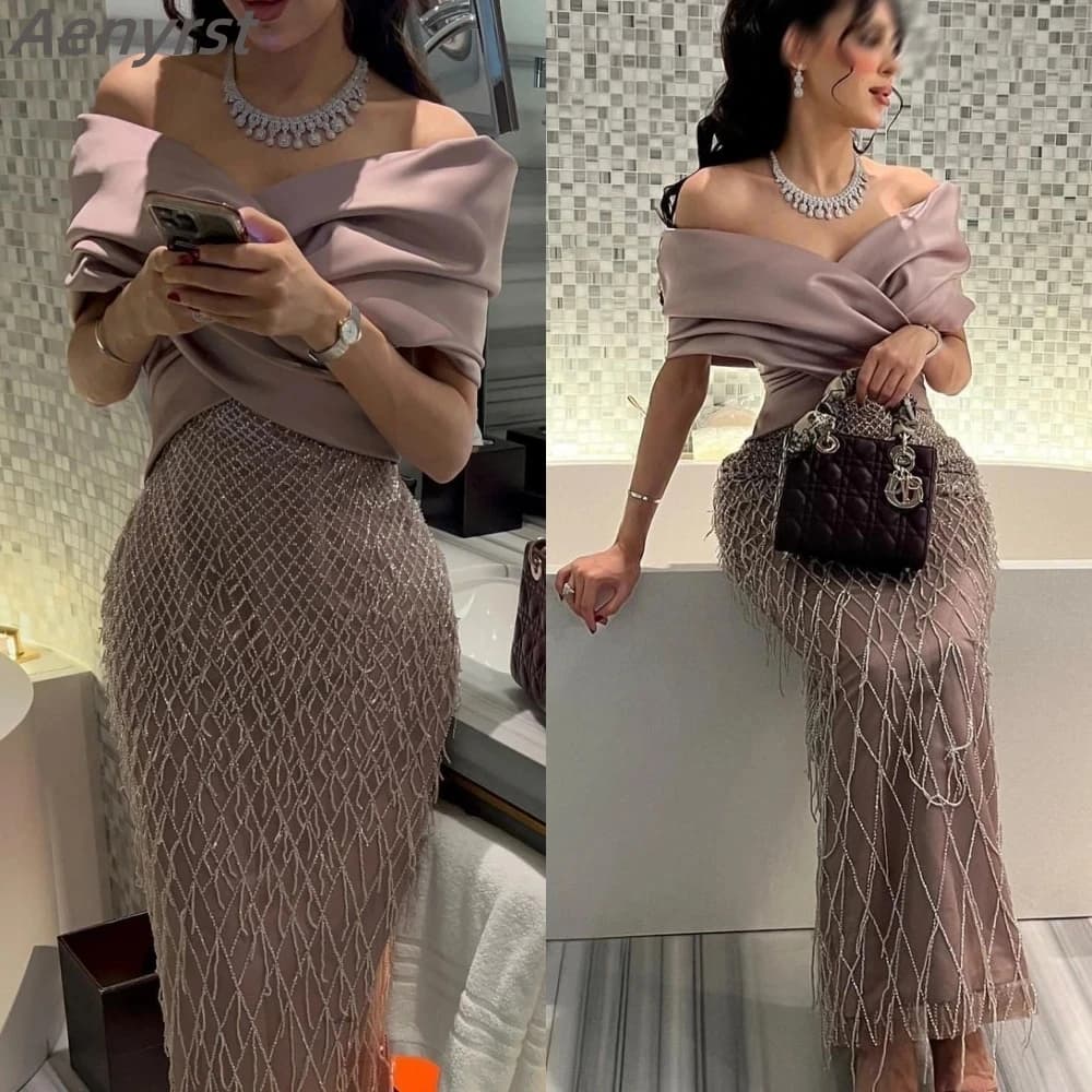 Elegant Off Shoulder Dubai Evening Dresses For Women Exquisite Glitter Wedding Luxury Tassel Arabic Formal Party Gown customized