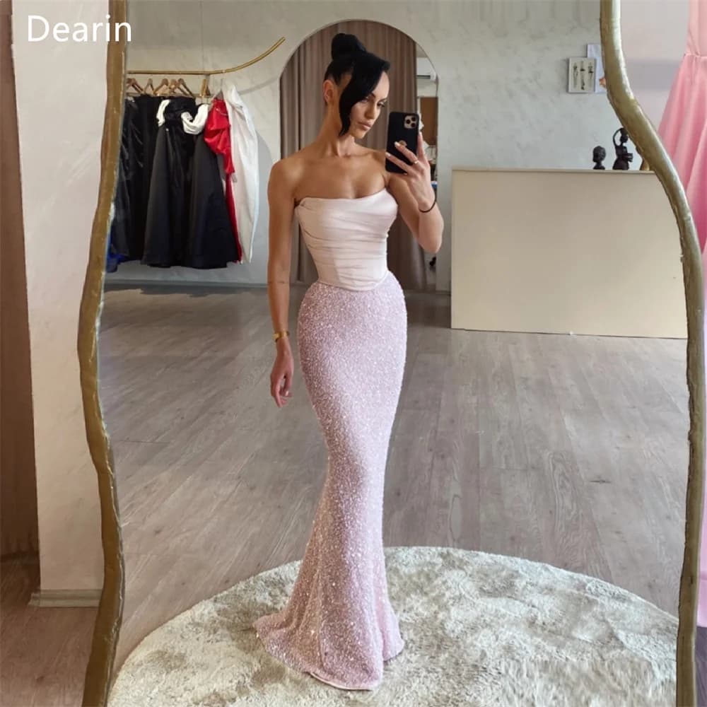 Customized Formal Gown Dearin Strapless Mermaid Floor Length Skirts Fold Sequin Hugging Sleeveless Bespoke Occasion Dresses Saud