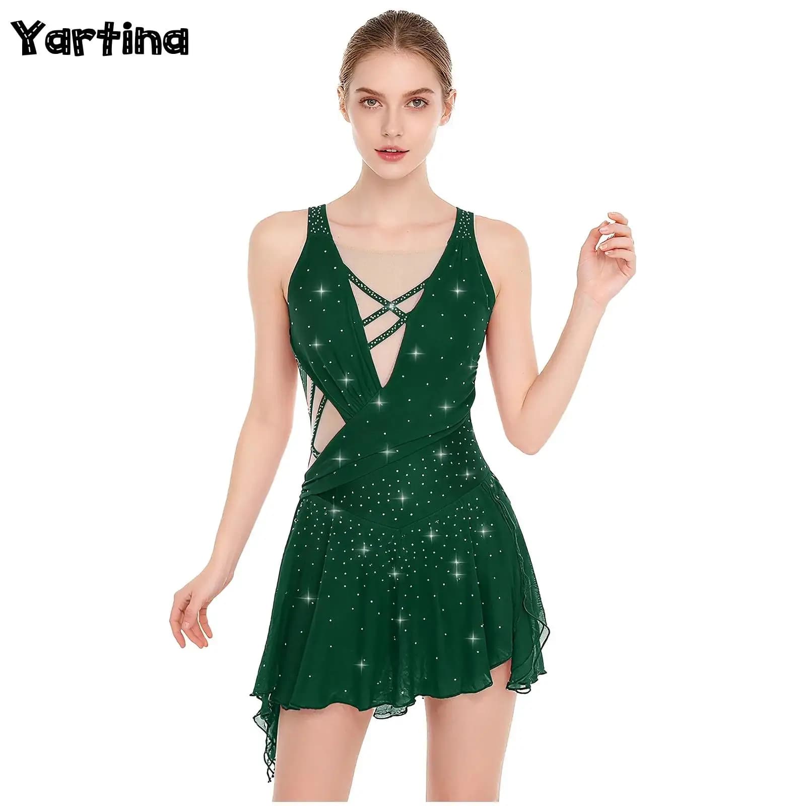 Womens Gymnastics Artistic Figure Skating Ballet Lyrical Dance Leotards Dress Rhinestones Built -In Crotch Buttons Briefs Dress