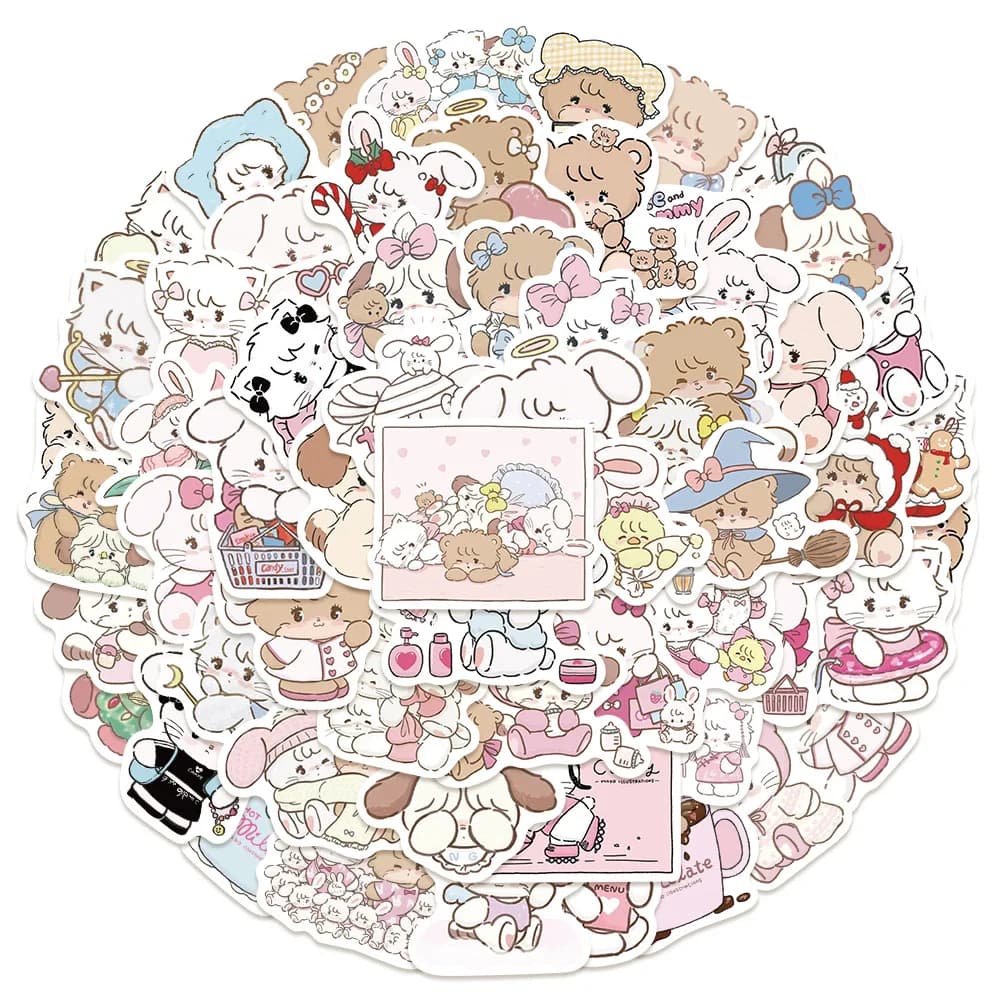60Pcs Mikko Kawaii Kitty Bear Cartoon Stickers Aesthetic Scrapbooking Laptop Luggage Waterproof Cute Stickers for Kids Girls