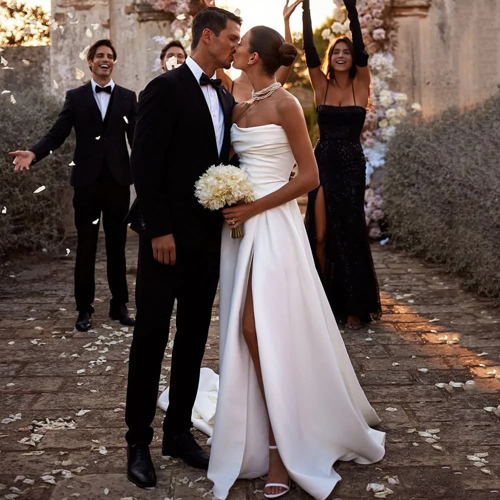 Simple Satin Wedding Dresses Pleated Civil Bridal Gown Side Slit Minimalist Bride Dress For Wedding Ceremony 2025 Customized