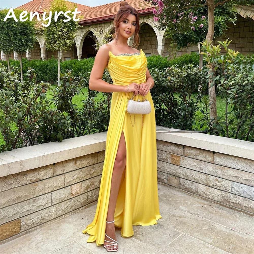 Aenryst Simple Yellow Strapless Satin Evening Dresses Side High Split Prom Dress Floor Length Party Gowns For Women Custom Made