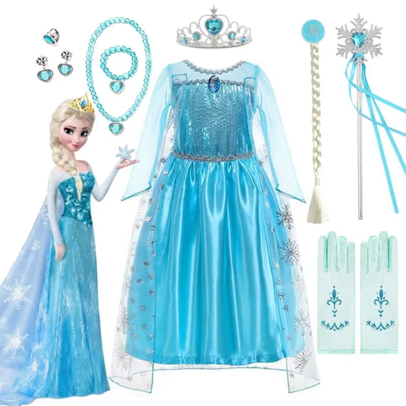 Disney Girls Elsa Princess Dress for Long Sleeve Kids Birthday Cosplay Frozen Costume Fancy 2025 Carnival Dress Up Party Costume