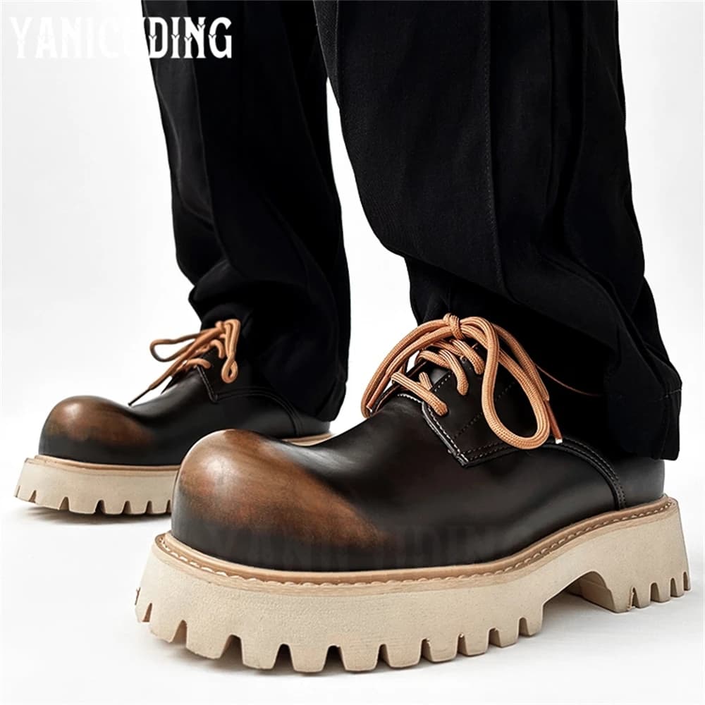 Exaggerated Big Round Toe Derby Shoes Handmade Polished Brown Leather Loafers Designer Style Lace-Up Leather Shoes Men and Women