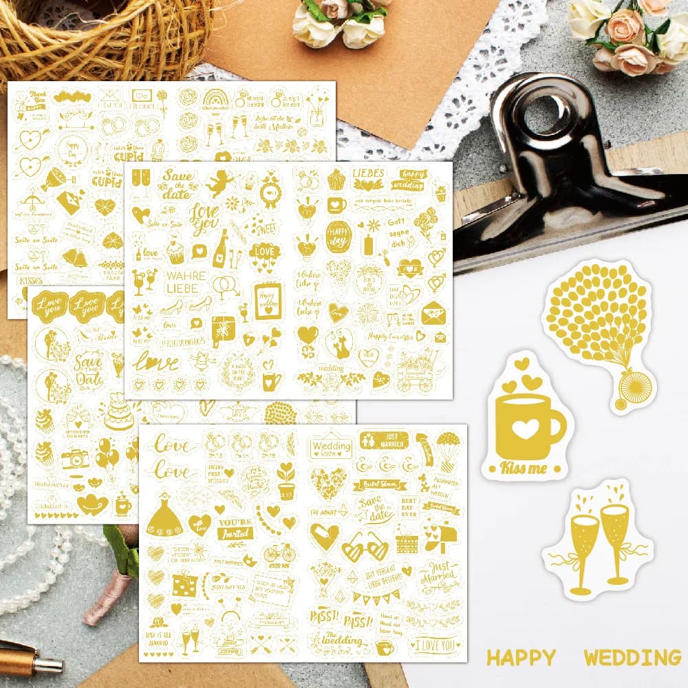 269pcs/4sheets Gold Wedding Stickers for Scrapbooking Hochzeit Decorative Labels or Scrapbook Wedding Planners, Bridal Supplies